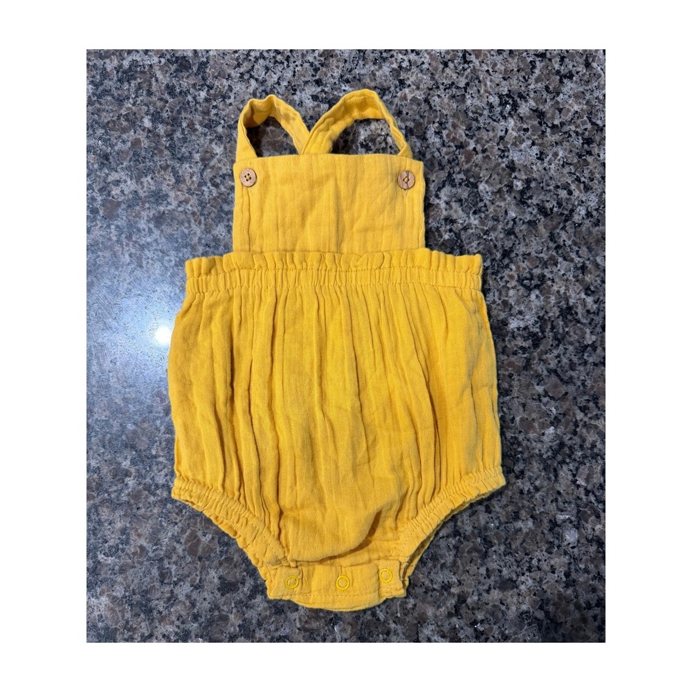 Mud Pie Yellow Gauze Bubble‎ Romper Infant 6-9M Cross Back Button Sunsuit